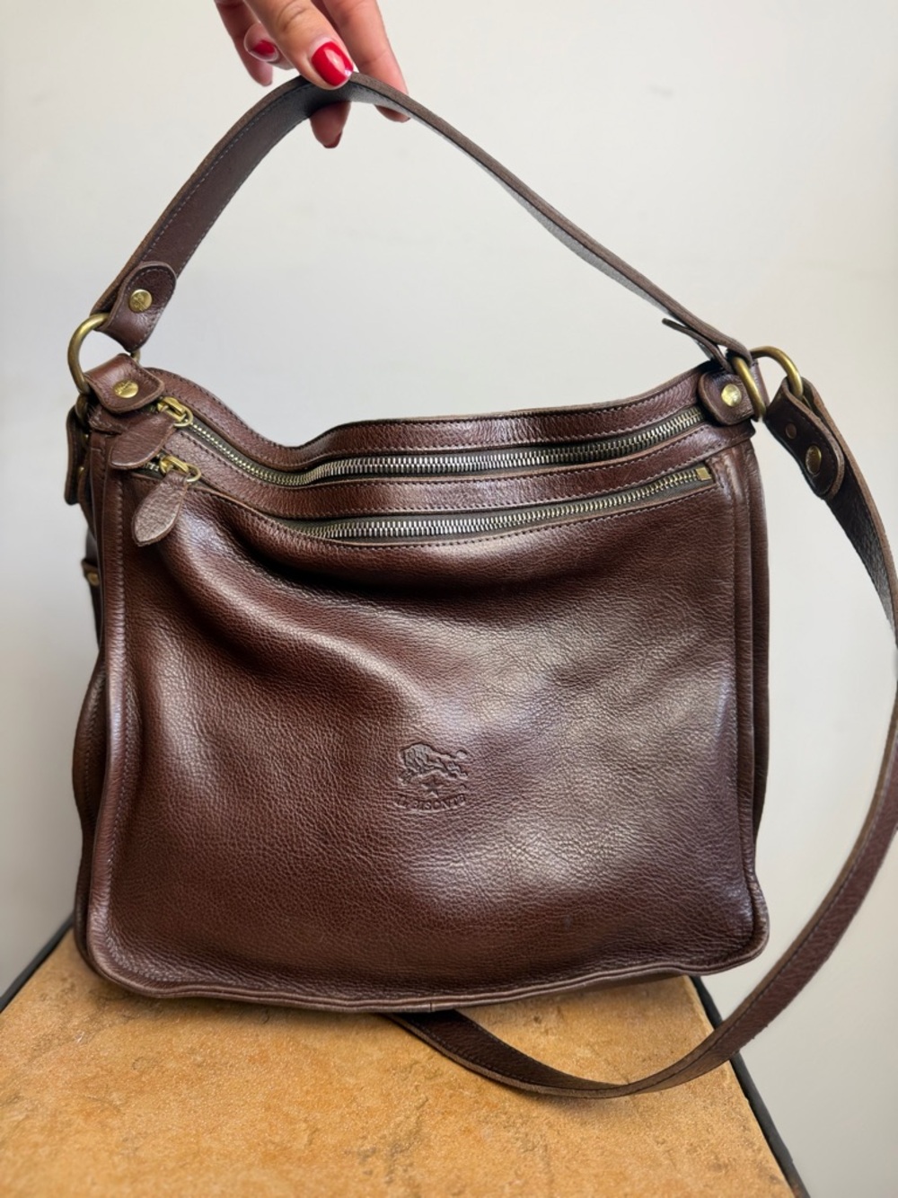 Il Bisonte Romea Double Zip Leather Crossbody Bag Brown Made in Italy